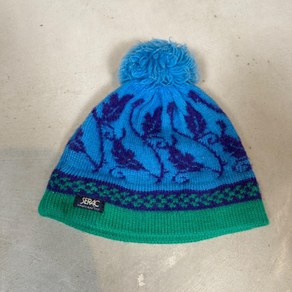 Serac Handcrafted Wool Beanie Hat Blue Purple Teal Pom Pom Made in USA Vintage
